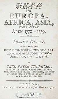 <I>Resa uti Europa, Africa, Asia, förrättad åren 1770-1779.</I>
<span class=vol> 4 vols.</span>
<span class=jpn>［ヨーロッパ・アフリカ・アジア紀行（1770～1779年）　スウェーデン語版　全4巻］</span>

