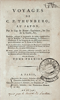 <I>Voyages de C. P. Thunberg au Japon. 1796. 4 vols.</I><span class=jpn>［ヨーロッパ・アフリカ・アジア紀行］</span>